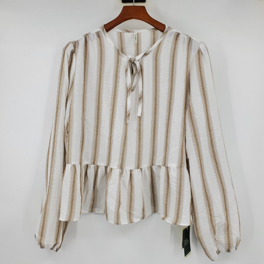 NWT Halara Womens XL Striped Tie Neck Peplum Blouse White Tan Puff Long Sleeve